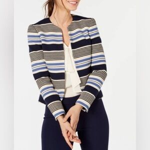 Anne Klein Stripe Tulip Hem Jacket Blue and Cream
